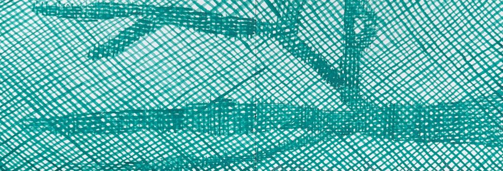 A watercolor illustration featuring a green tree shape over green grid on textured paper.