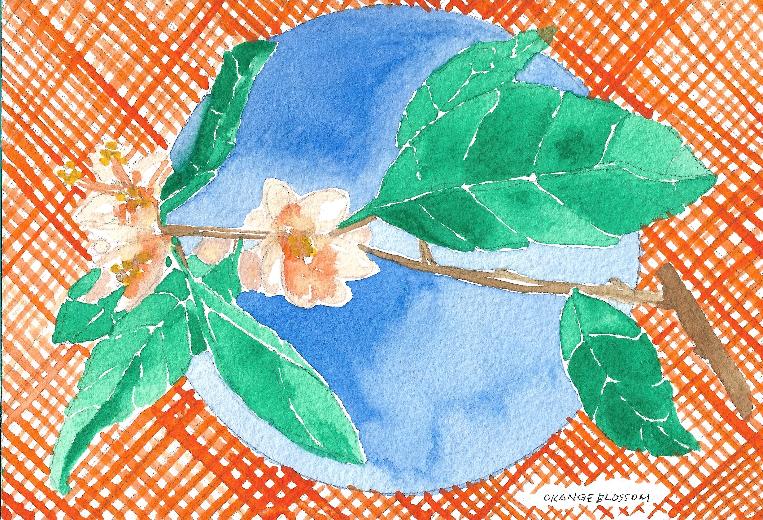 A watercolor illustration featuring small orange flowers, against a round blue shape, over a green grid, on textured paper
